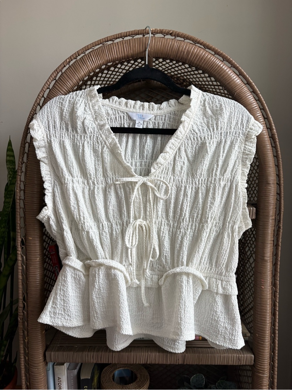 Time and Tru Cream Textured Peplum Tie-Front Blouse